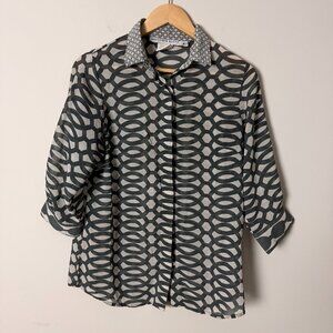 Gretchen Scott Sheer Geometric Green Gray Botton Down Top Medium